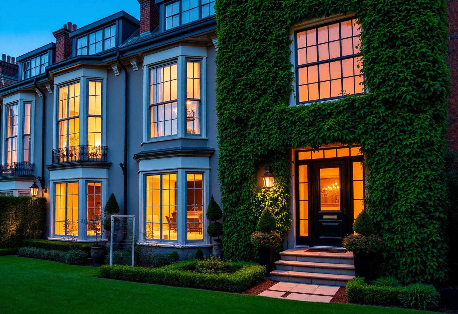 Refurbished period property at dusk, home to a Green Enriched Estates serviced accommodation